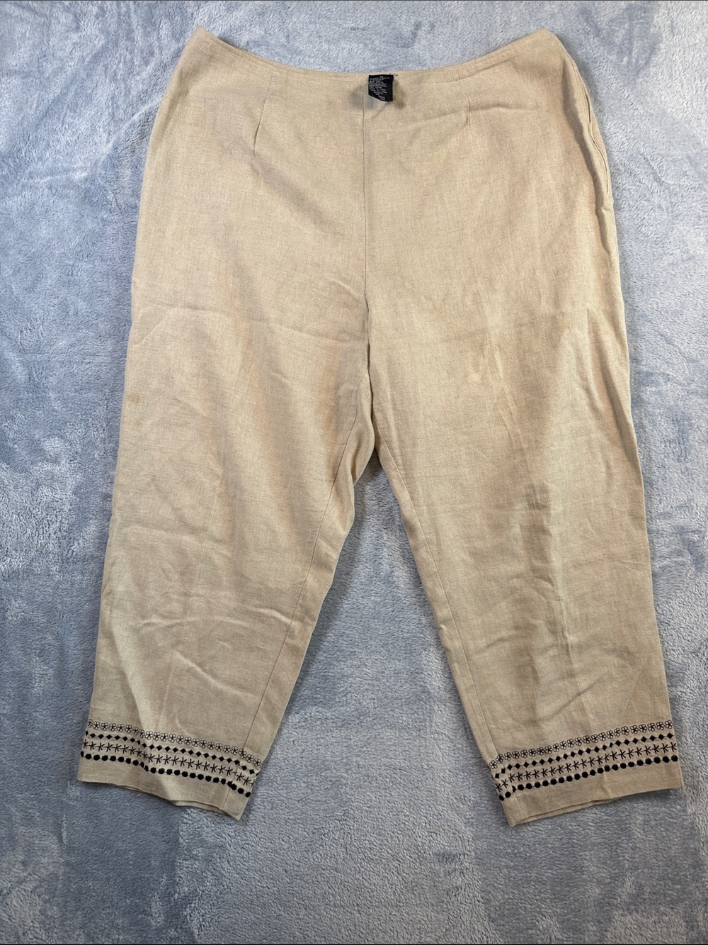 Scarlett Tan Cropped Chinos with Embroidered Hem linen blend, side zip.